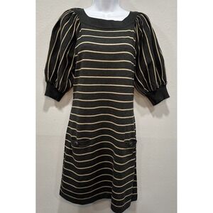 Jessica H Sweater Dress Womens Large Gray Tan Stripes W/Pockets Short Sleaves